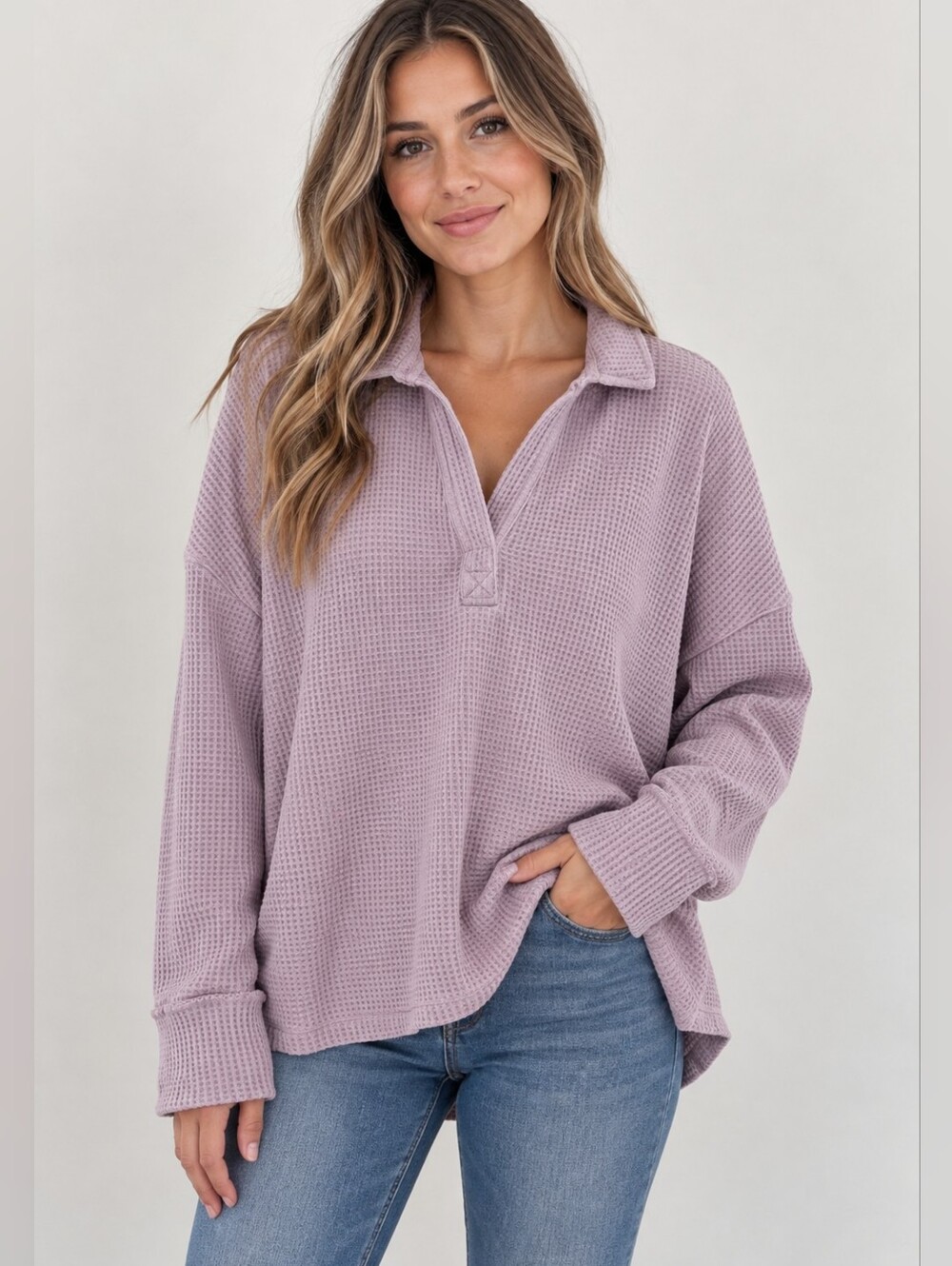 5/$25 Buffalo David Bitton Lavender Waffle-Knit Collared Pullover